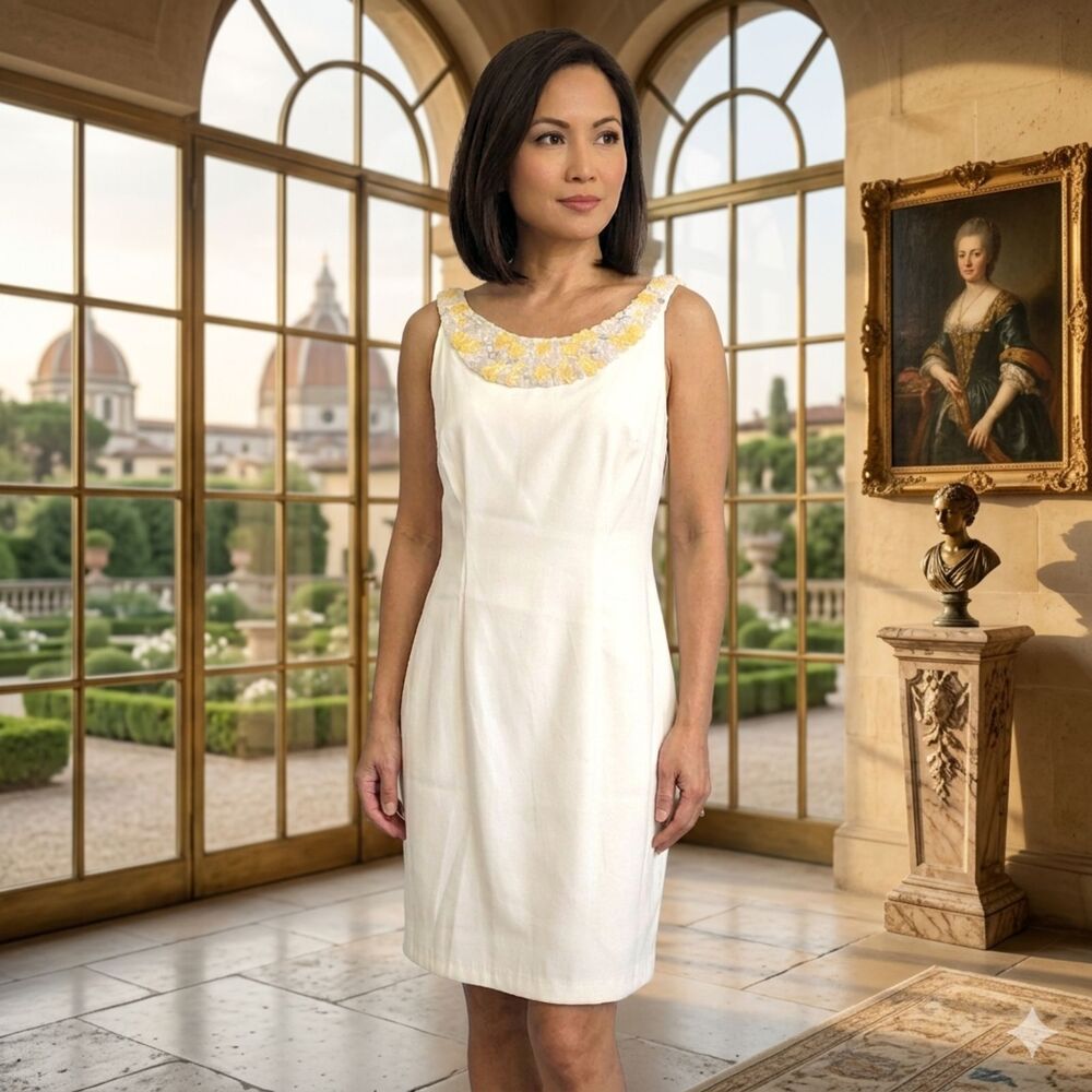 Connected Petite Jeweled White Dress Size 10P A-Line Sleeveless Knee Length